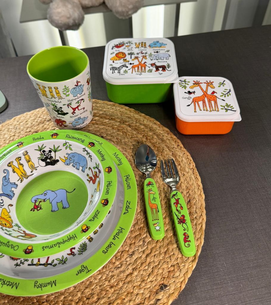 piatto fondo e piano bicchiere posate giungla bambini set 4 contenitori portapappa